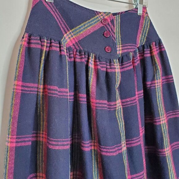 Vintage 80s Plaid Yoke Pleated Wool Skirt Sz 7 Navy Blue Pink Yellow - Picture 2 of 4